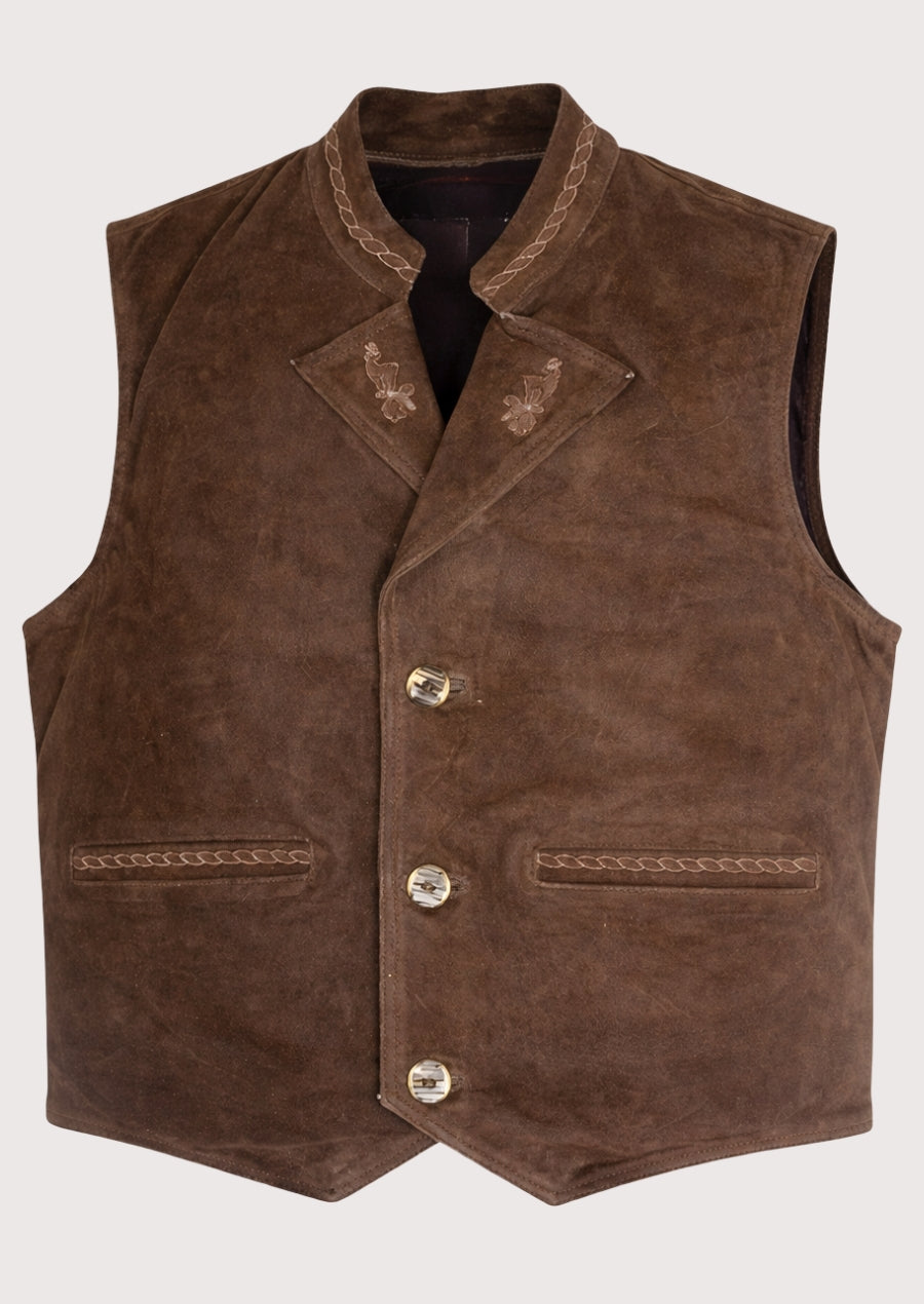Heritage Suede Trachten Vest Brown for men with embroidered stand collar, front and back view, traditional Bavarian waistcoat, Oktoberfest clothing, genuine leather Alpine vest.
