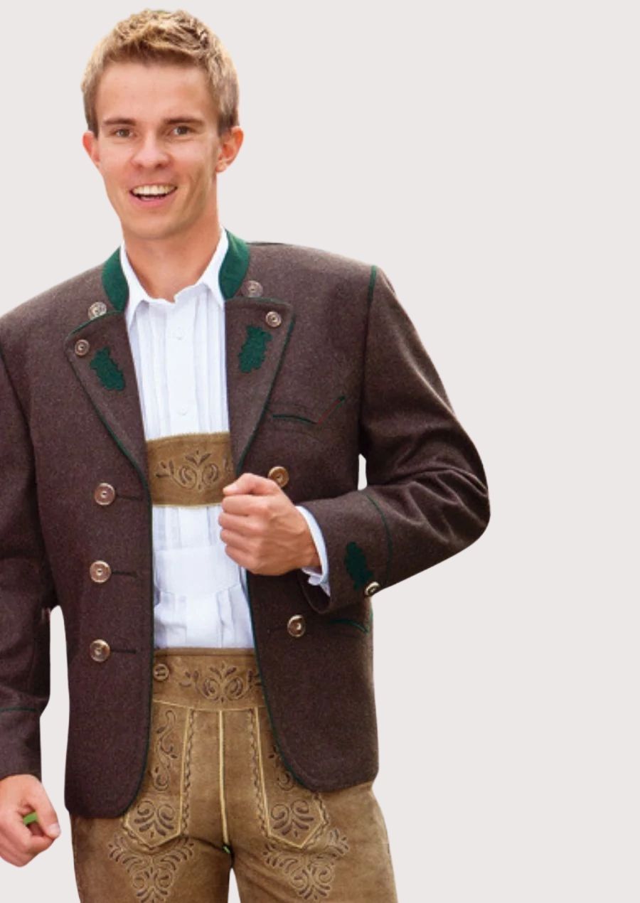 Heritage Trachten Jacket for Men with embroidered oak leaf design and golden horn buttons, perfect for Oktoberfest and cultural events.


