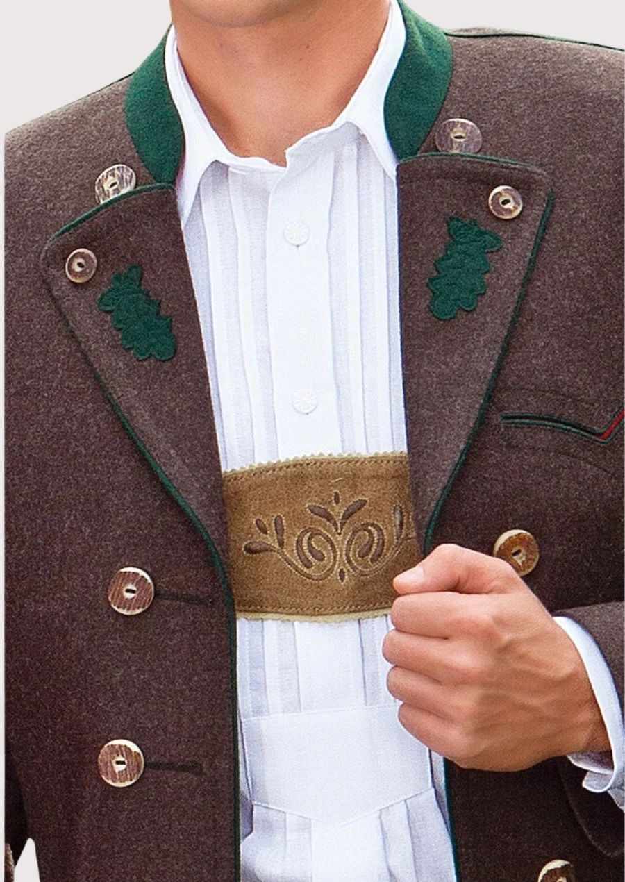 Classic Bavarian Heritage Trachten Jacket for men, featuring intricate embroidery and golden button details, perfect for weddings and festivals.

