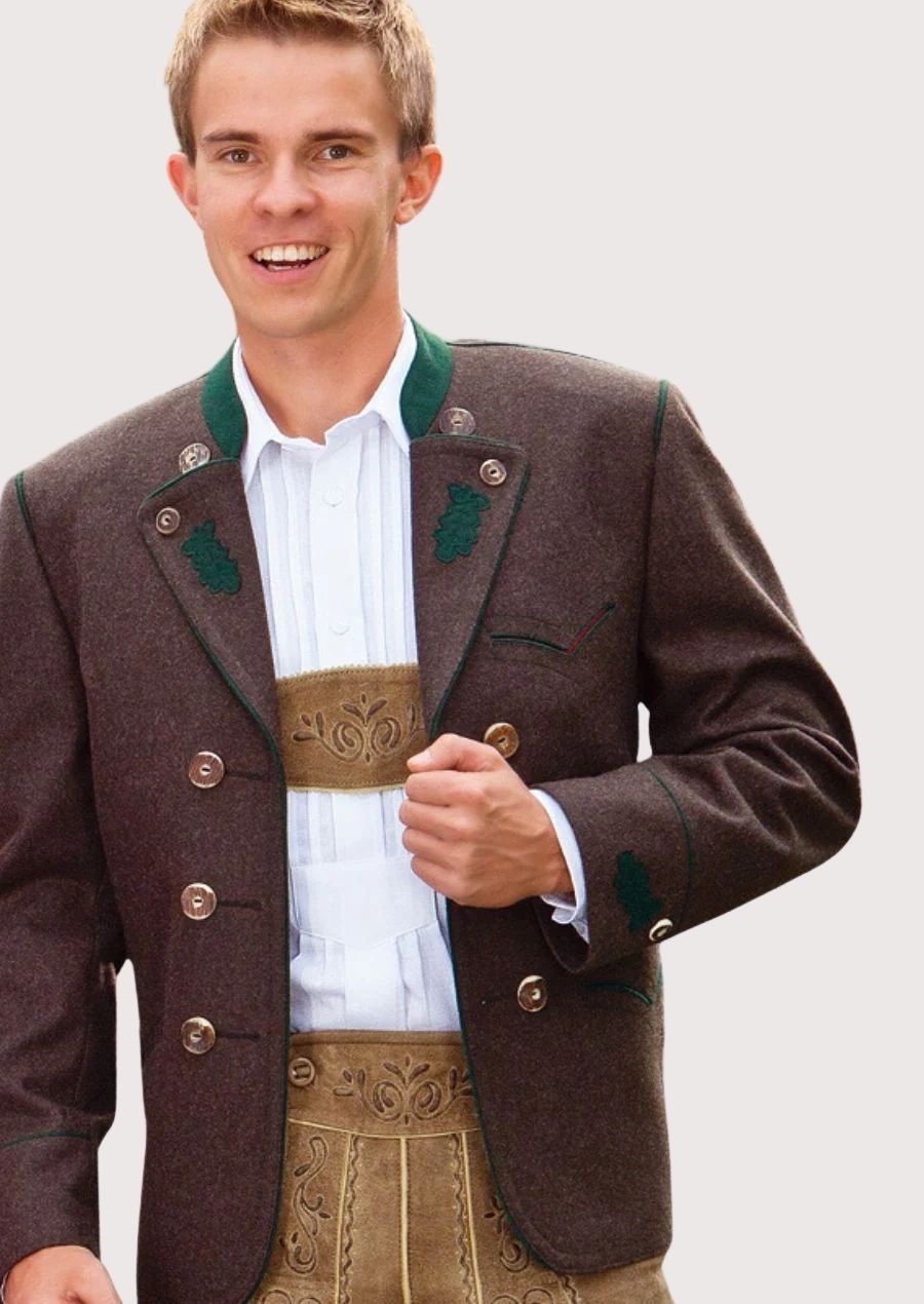 Heritage Trachten Jacket for Men with embroidered oak leaf design and golden horn buttons, perfect for Oktoberfest and cultural events.

