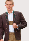 Heritage Trachten Jacket for Men with embroidered oak leaf design and golden horn buttons, perfect for Oktoberfest and cultural events.

