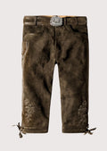 Authentic Bavarian Bundhosen for men with intricate floral embroidery and adjustable ankle cuffs, ideal for Oktoberfest, beer festivals, and outdoor celebrations.