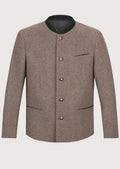 Men's Horn Button Bavarian Wool Jacket with dark green stand collar, premium wool blend fabric, decorative buttons, traditional Bavarian tailoring, Alpine heritage styling, German formal wear, and Oktoberfest fashion