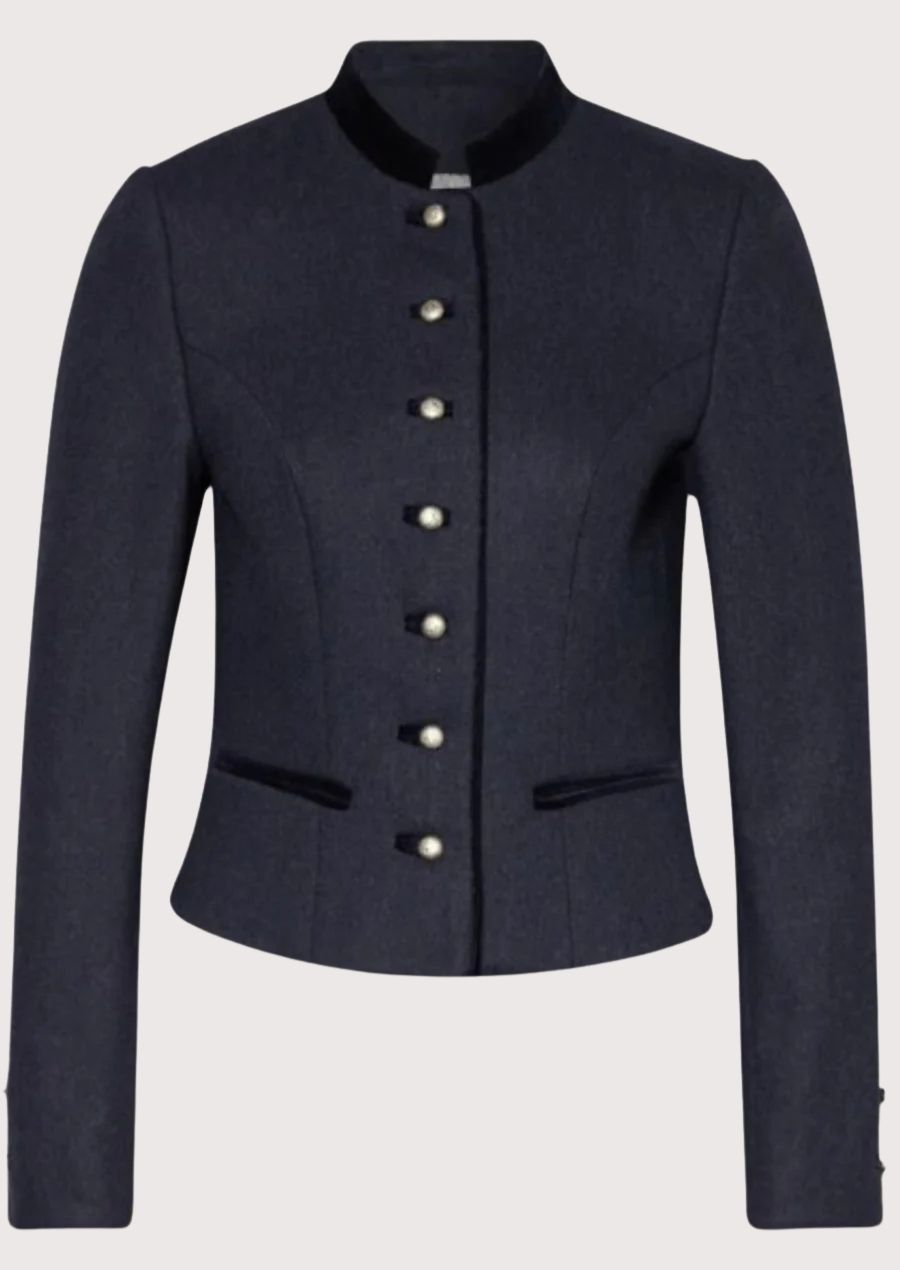 Classic ladies alpine trachten jacket in dark blue featuring a tailored fit and heritage German design.
