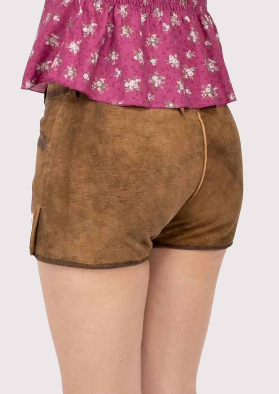 Ladies Bavarian lederhosen shorts featuring alpine-inspired embroidery and fit
