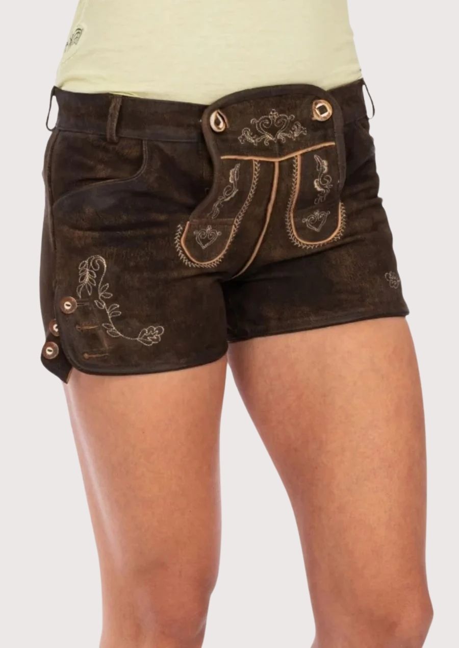 Ladies Bavarian lederhosen leather shorts with decorative front flap design