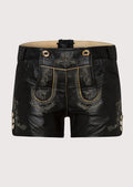 Ladies black leather lederhosen shorts with elegant embroidery and fitted design