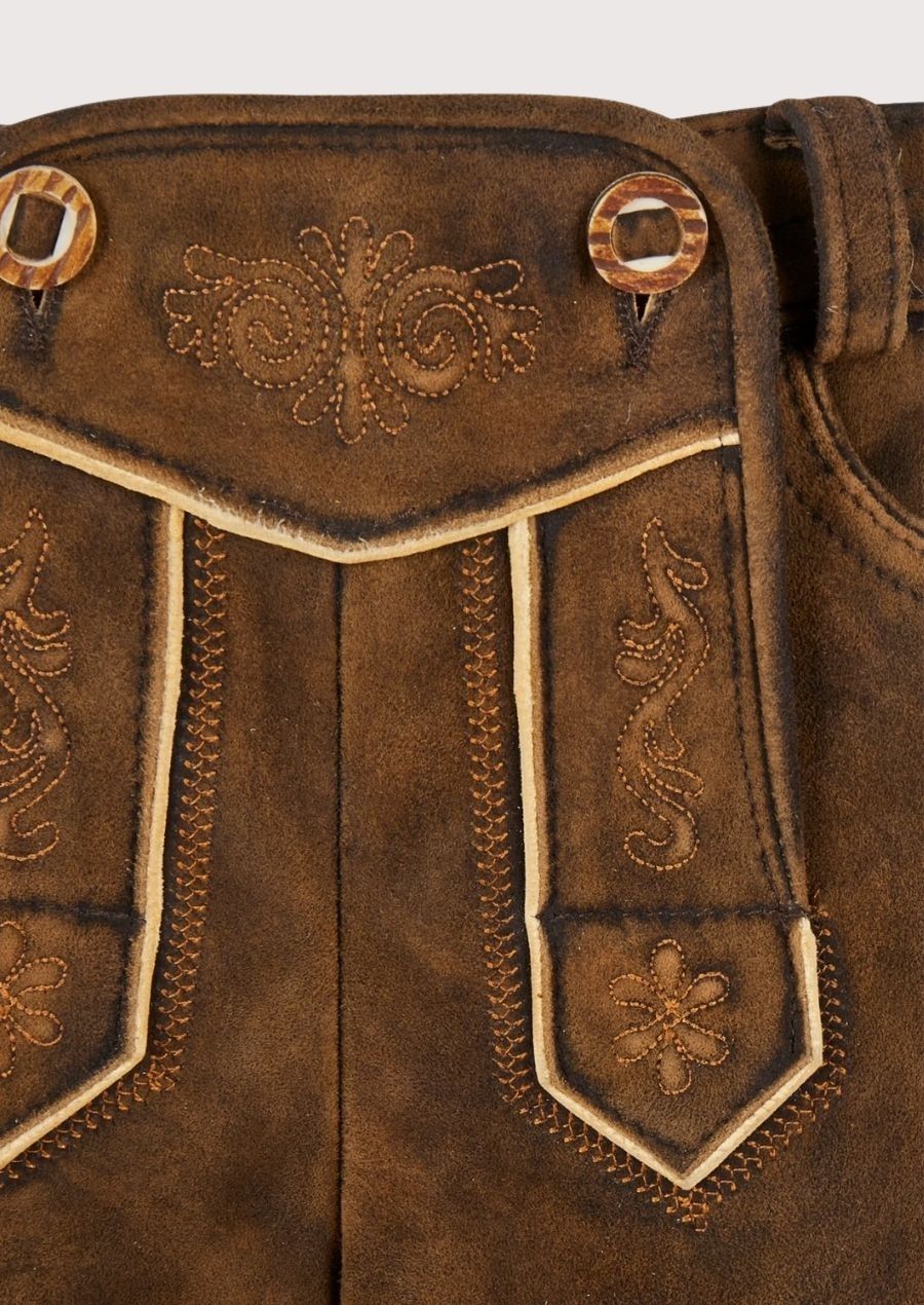 Ladies brown lederhosen shorts made from suede leather with classic Bavarian styling