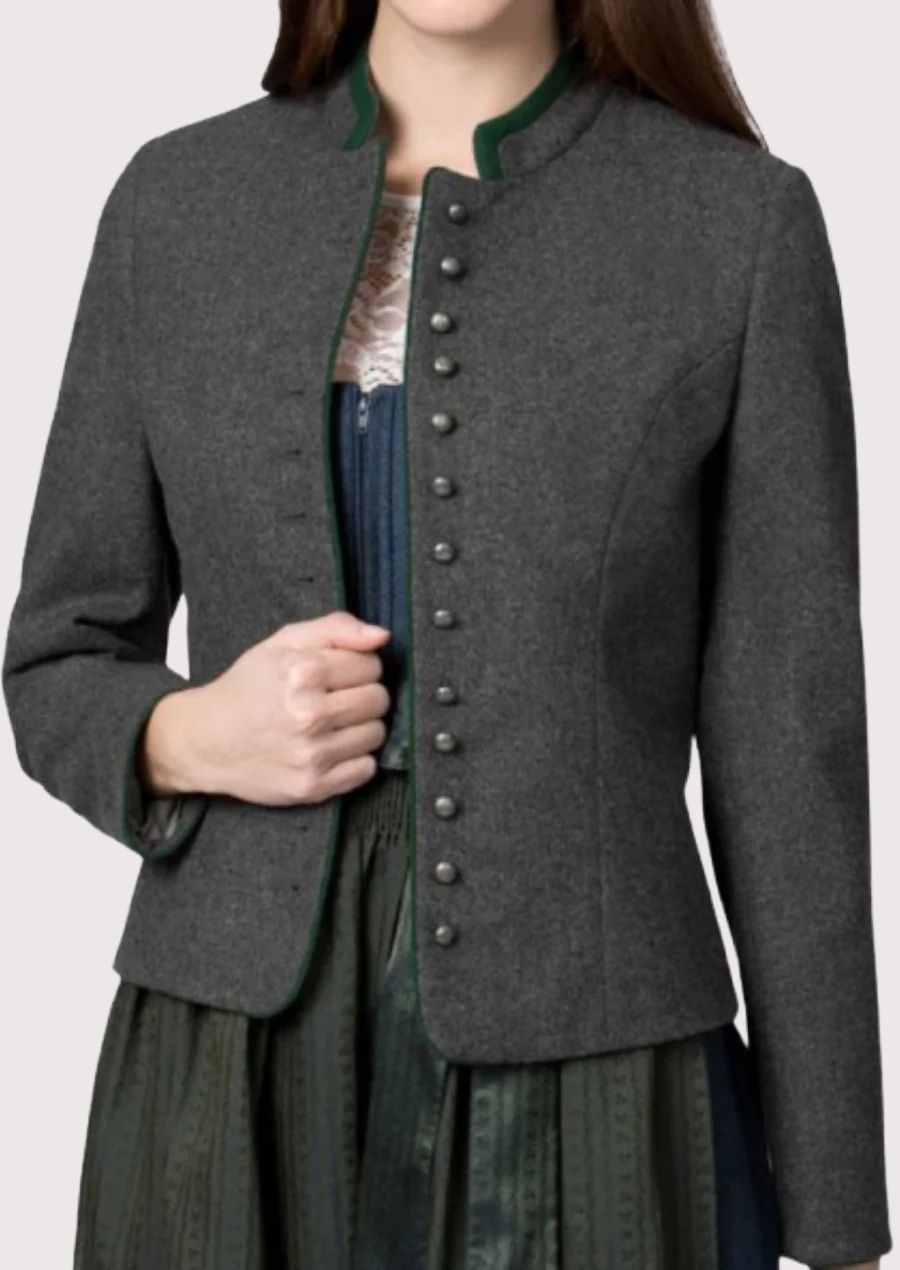 Classic ladies alpine trachten jacket in grey featuring heritage German tailoring and metal buttons.