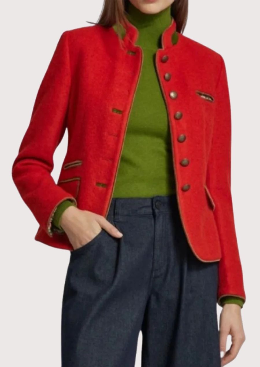 Premium ladies Bavarian trachten jacket in bright red featuring tailored fit and traditional metal buttons.