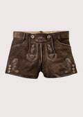 Ladies dark brown suede lederhosen shorts with traditional Bavarian embroidery