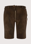 Ladies dark brown lederhosen shorts featuring elegant gold embroidery and traditional Bavarian design