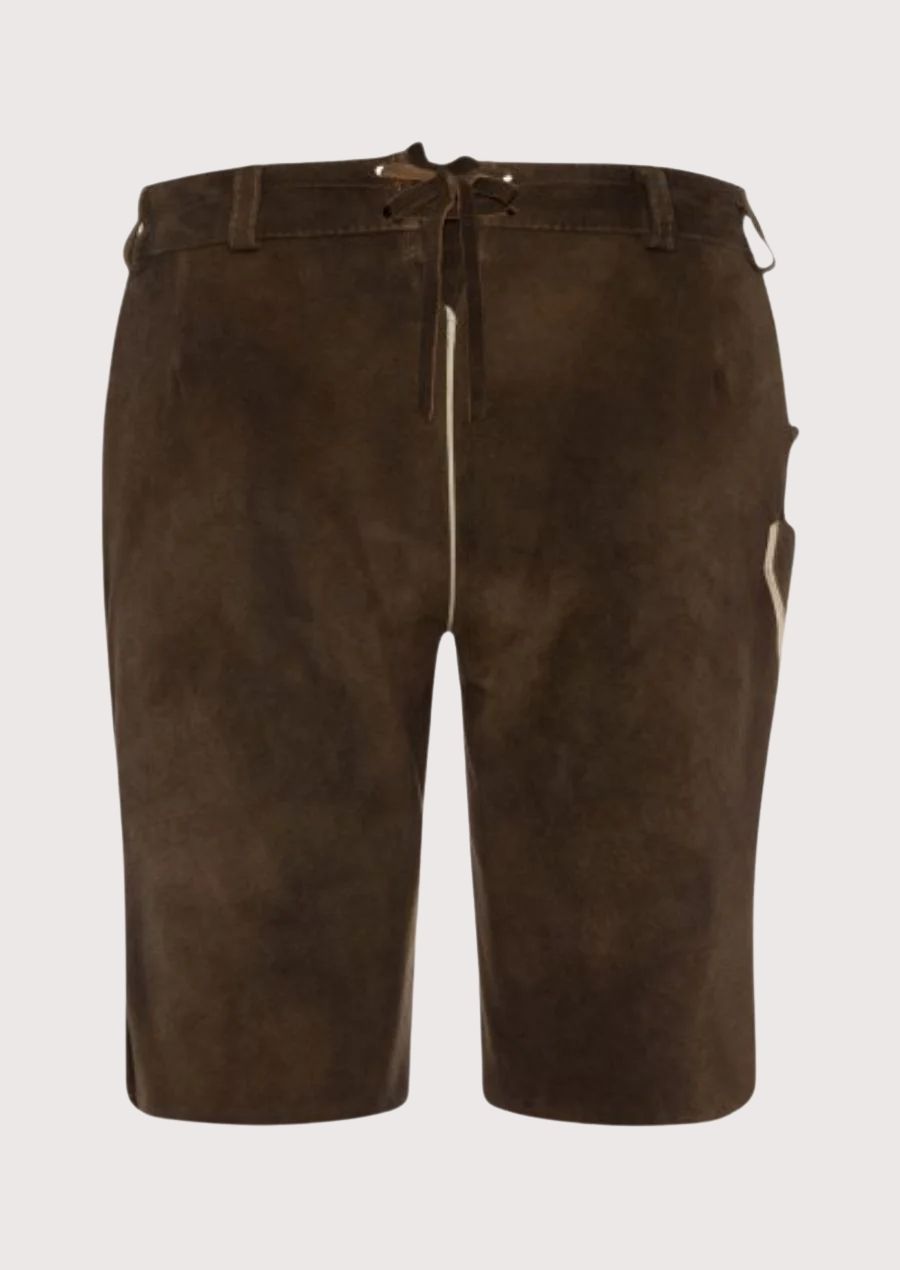 Ladies dark brown lederhosen shorts featuring elegant gold embroidery and traditional Bavarian design