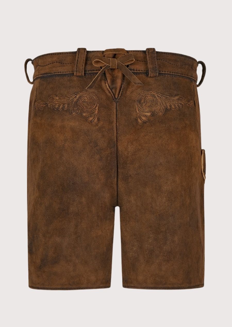Ladies traditional German lederhosen shorts with detailed stitching and alpine craftsmanship