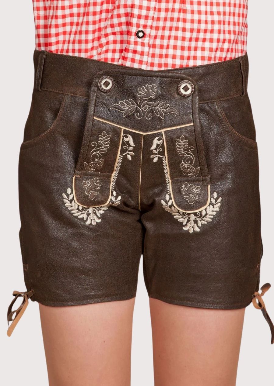 Leather Lederhosen Brown Edelweiss with decorative embroidery, side lace ties, and traditional Bavarian styling.