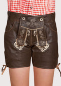 Leather Lederhosen Brown Edelweiss with decorative embroidery, side lace ties, and traditional Bavarian styling.