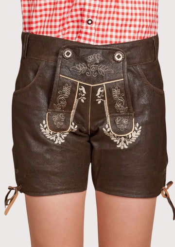 Leather Lederhosen Brown Edelweiss with decorative embroidery, side lace ties, and traditional Bavarian styling.