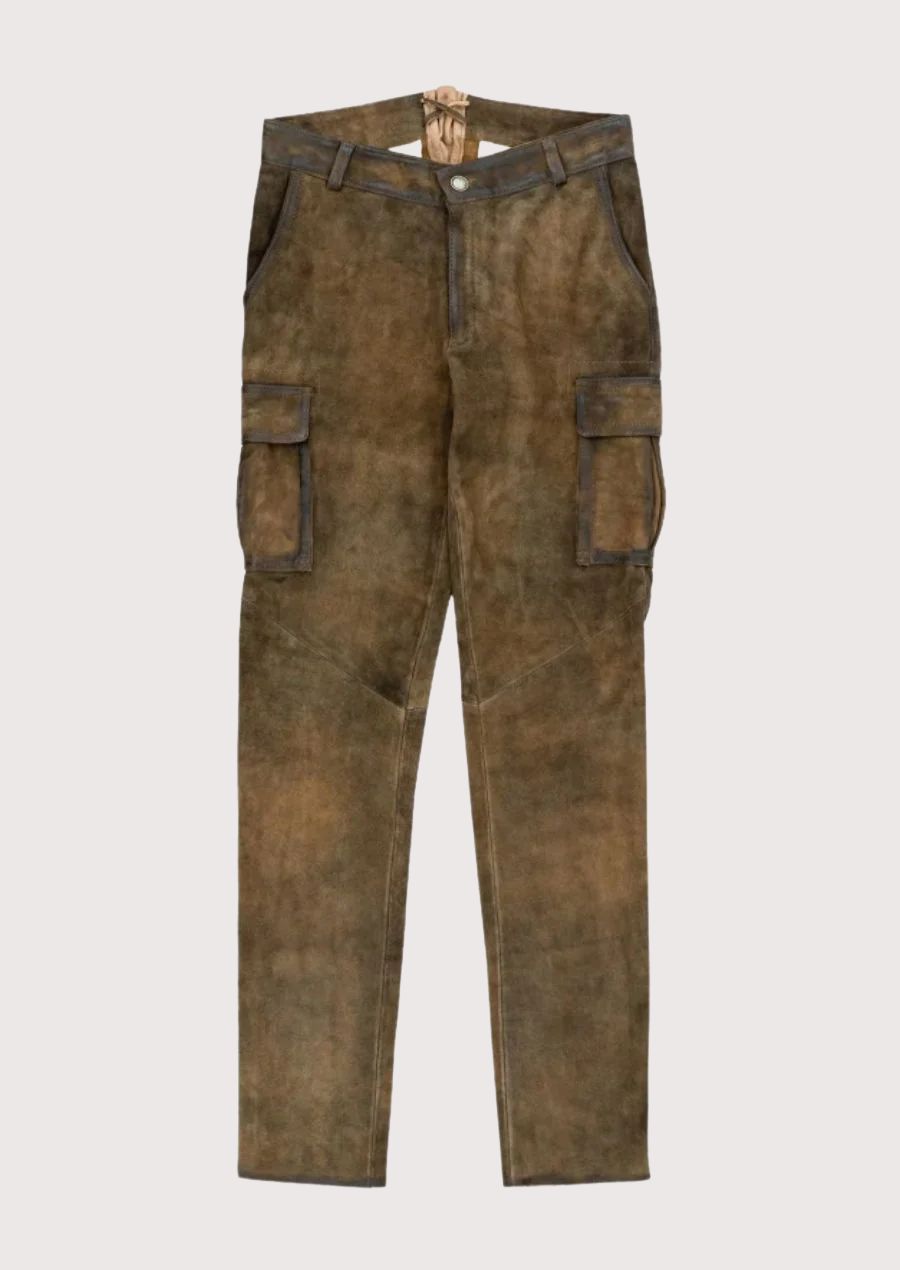 Men's Leather Lederhosen Pants Cargo Style made from premium suede leather featuring a utility pocket, rustic Bavarian styling, traditional German craftsmanship, Alpine heritage design, and Oktoberfest fashion appeal
