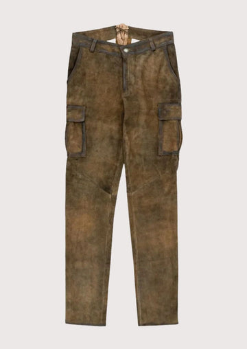 Men's Leather Lederhosen Pants Cargo Style made from premium suede leather featuring a utility pocket, rustic Bavarian styling, traditional German craftsmanship, Alpine heritage design, and Oktoberfest fashion appeal