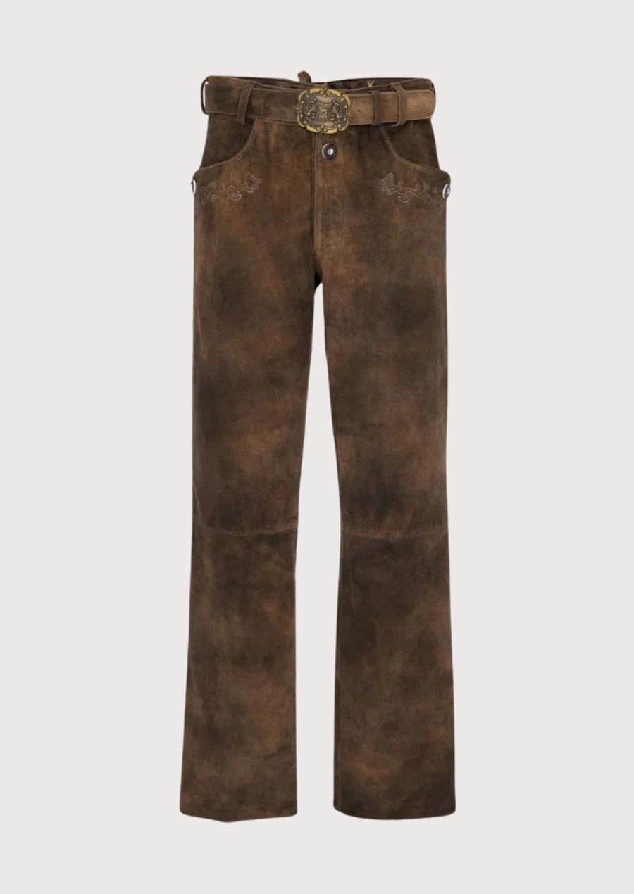 Men's Leather Lederhosen Pants Tobacco Brown made from premium suede leather featuring traditional German craftsmanship, straight-leg fit, Alpine heritage styling, and Oktoberfest fashion design
