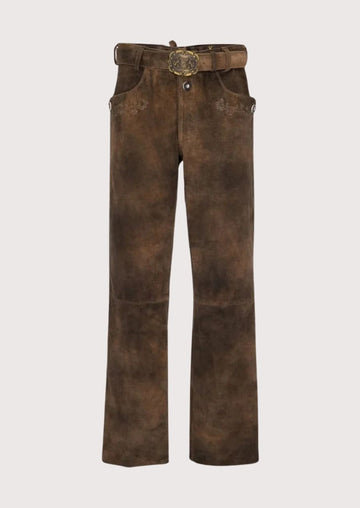 Men's Leather Lederhosen Pants Tobacco Brown made from premium suede leather featuring traditional German craftsmanship, straight-leg fit, Alpine heritage styling, and Oktoberfest fashion design