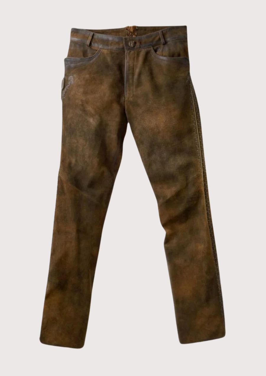 Men's Leather Lederhosen Pants Walnut Vine made from premium suede leather featuring a slim fit design, Bavarian heritage styling, Alpine craftsmanship, and Oktoberfest fashion appeal