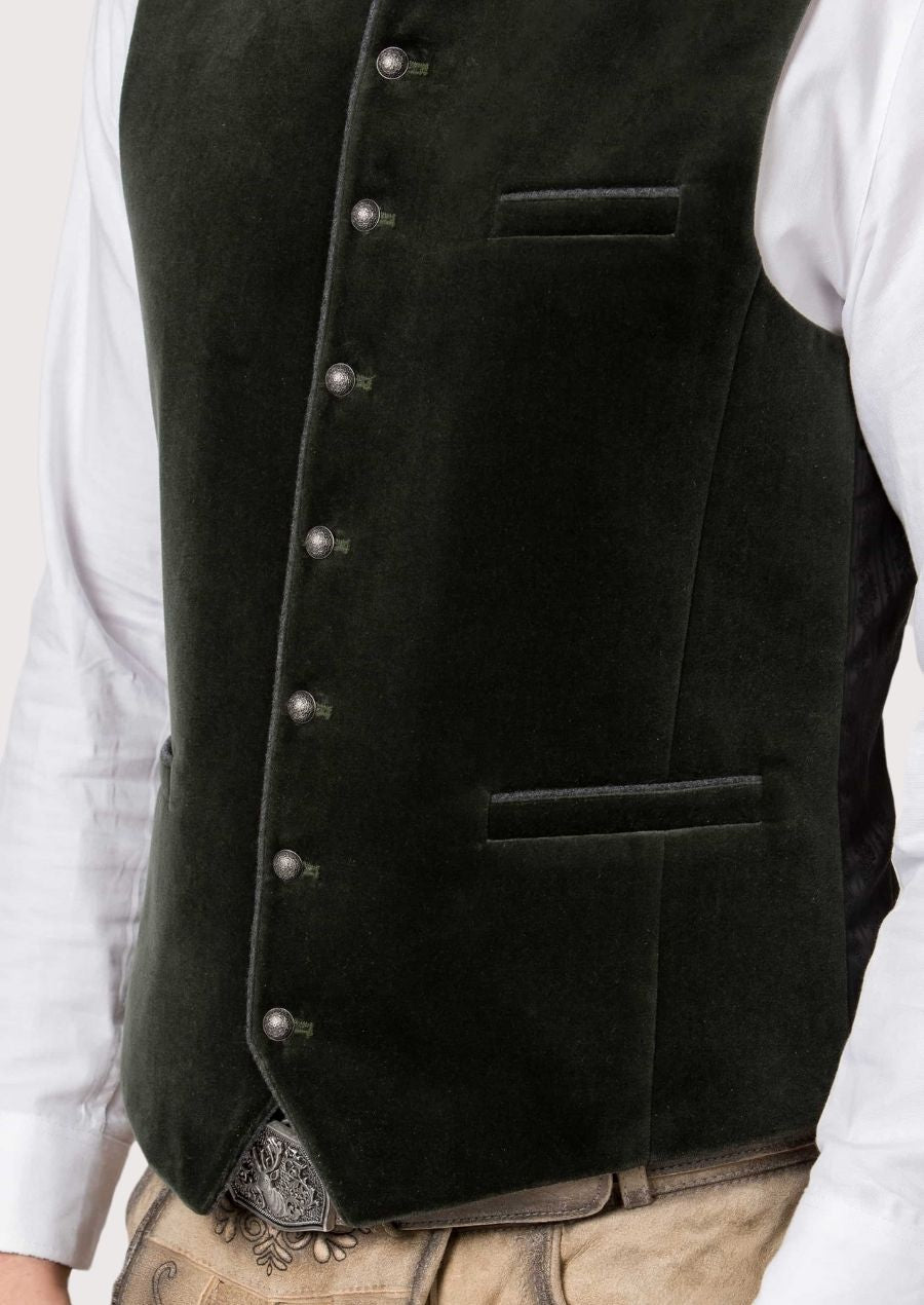 Authentic Lederhosen vest with metal buttons and embroidered details, offering a sleek and comfortable fit for Oktoberfest and other German heritage events.