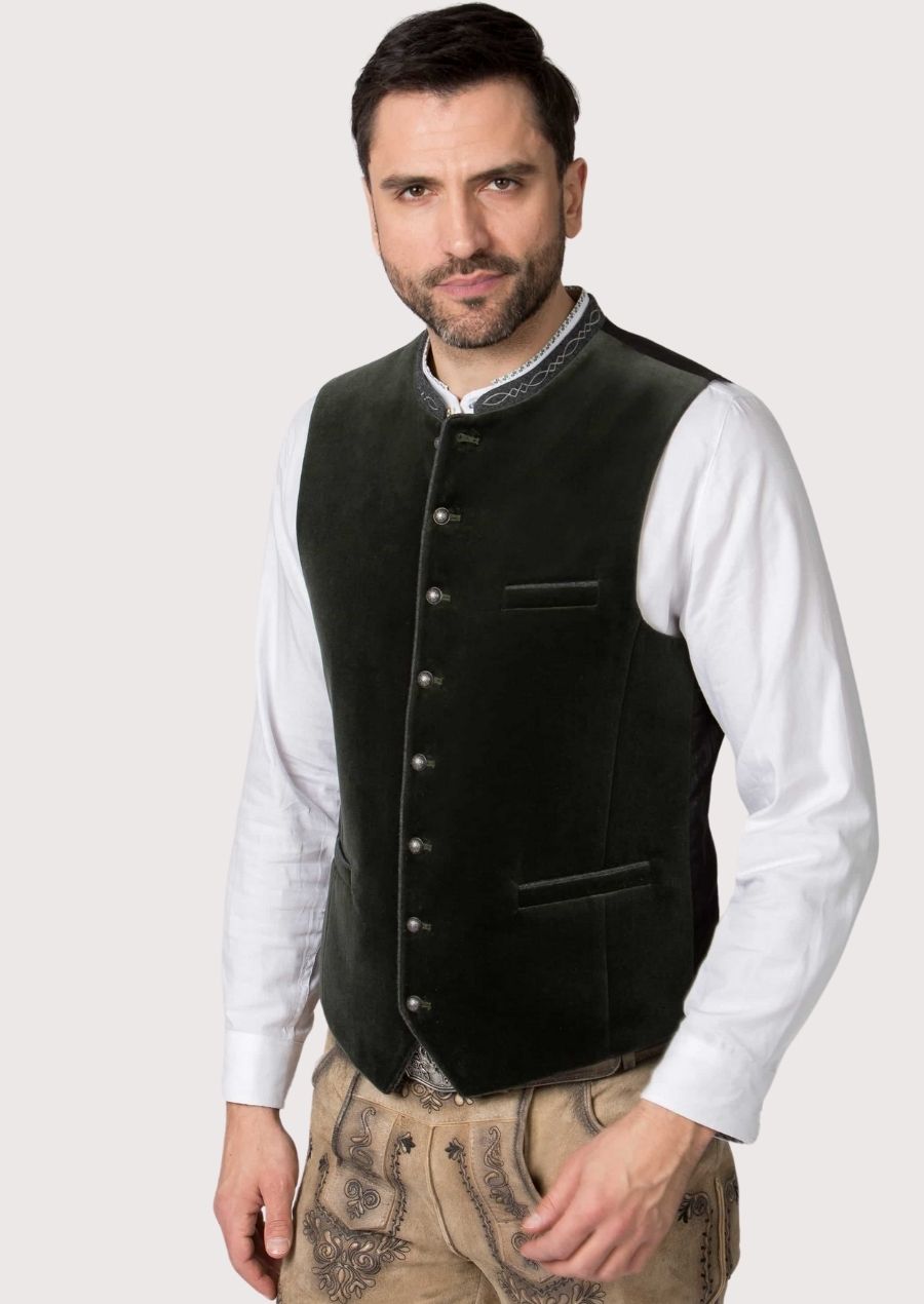 Lederhosen vest for men featuring traditional Oktoberfest design with metallic buttons, ideal for Bavarian celebrations and German cultural events.