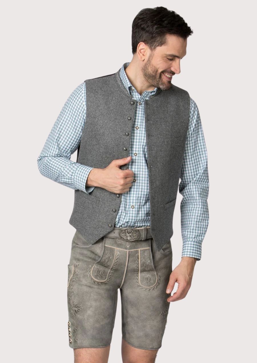 Light gray goatskin suede lederhosen featuring tonal embroidery and authentic Bavarian craftsmanship