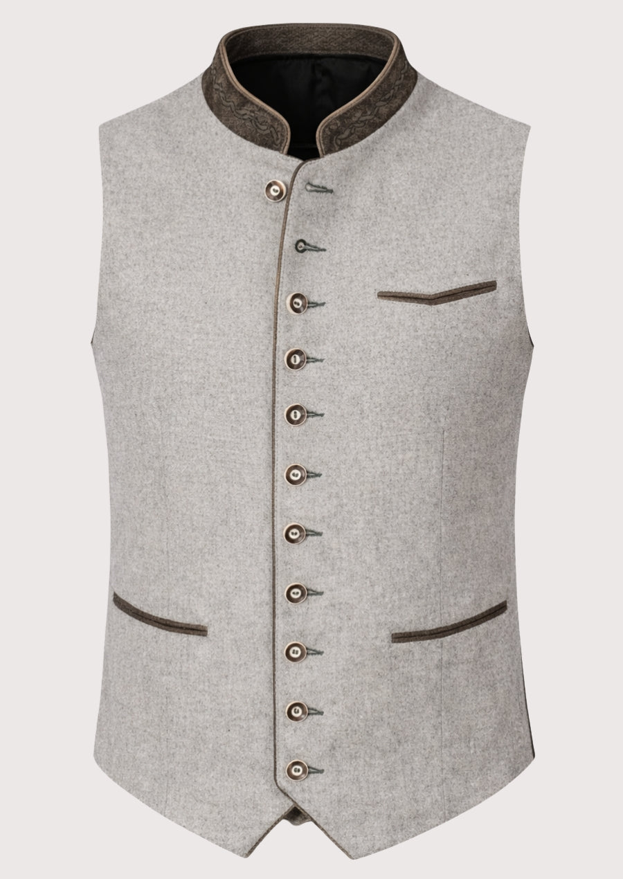 Light grey alpine wool waistcoat for men with contrast collar, Bavarian waistcoat, German traditional clothing, Oktoberfest vest, Alpine men's waistcoat, premium Trachten fashion.