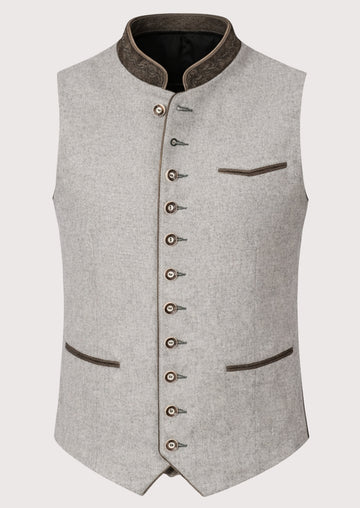 Light grey alpine wool waistcoat for men with contrast collar, Bavarian waistcoat, German traditional clothing, Oktoberfest vest, Alpine men's waistcoat, premium Trachten fashion.