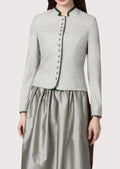 Women's light grey Trachten wool jacket with forest green piping, stand collar, silver buttons, and tailored Bavarian silhouette.