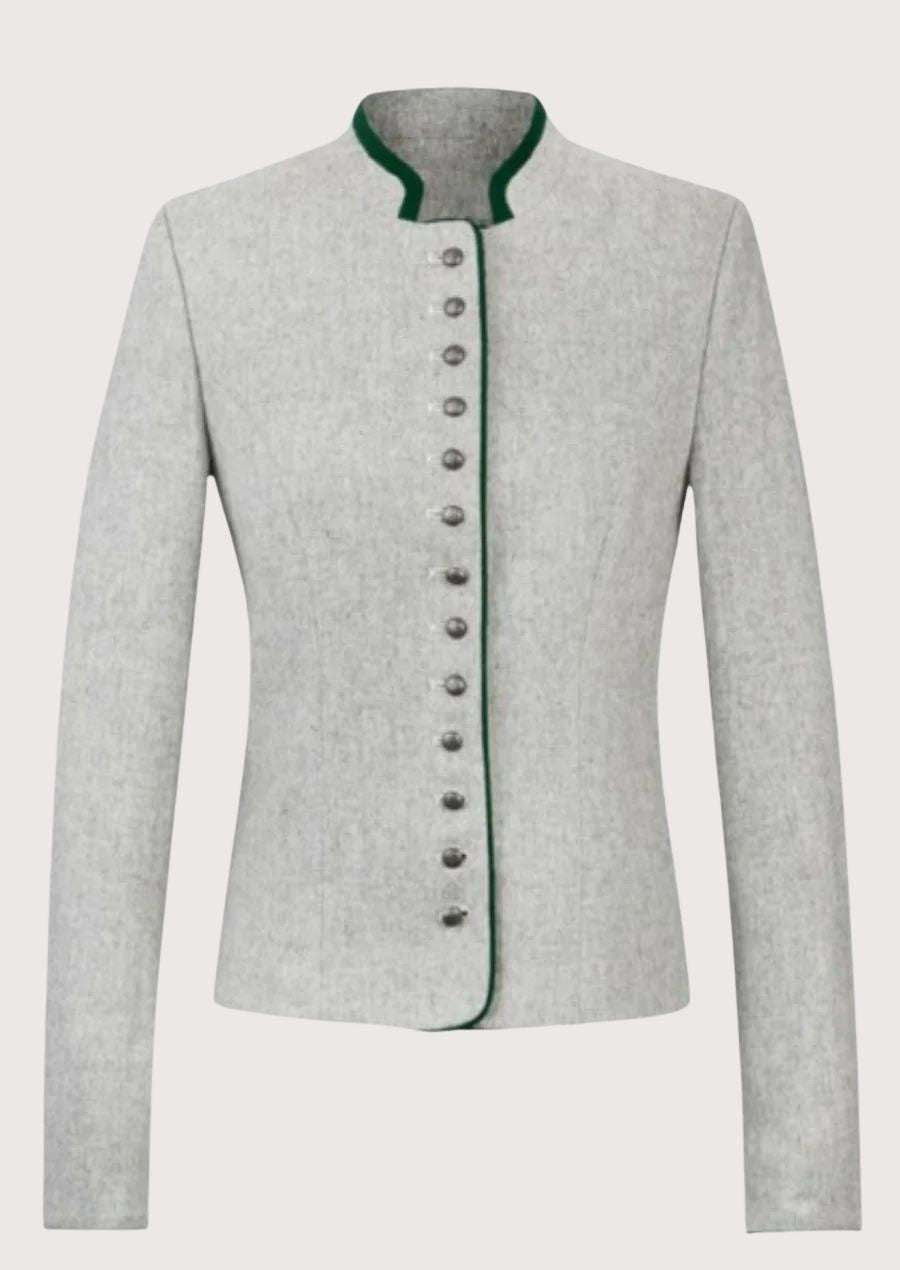 Light grey women’s trachten jacket with green trim, stand collar, and slim alpine silhouette.