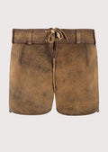 Light tan Bavarian lederhosen for women featuring heritage embroidery and traditional Alpine detailing.