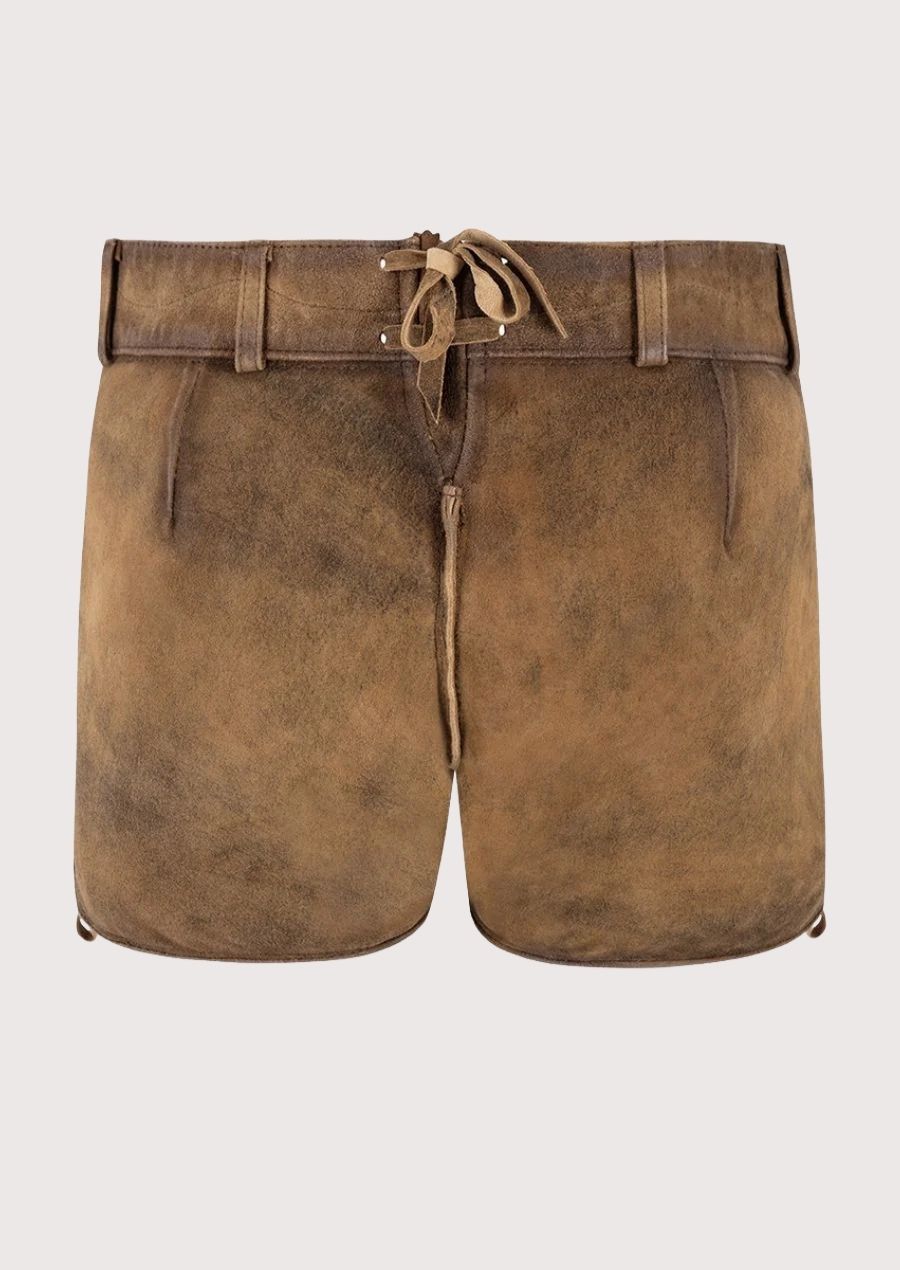 Light tan Bavarian lederhosen for women featuring heritage embroidery and traditional Alpine detailing.
