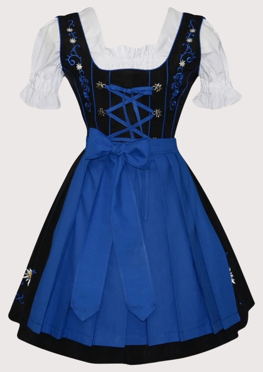 Stylish Long Dirndl Dress for Women with blue and black design, perfect for Oktoberfest and cultural celebrations.