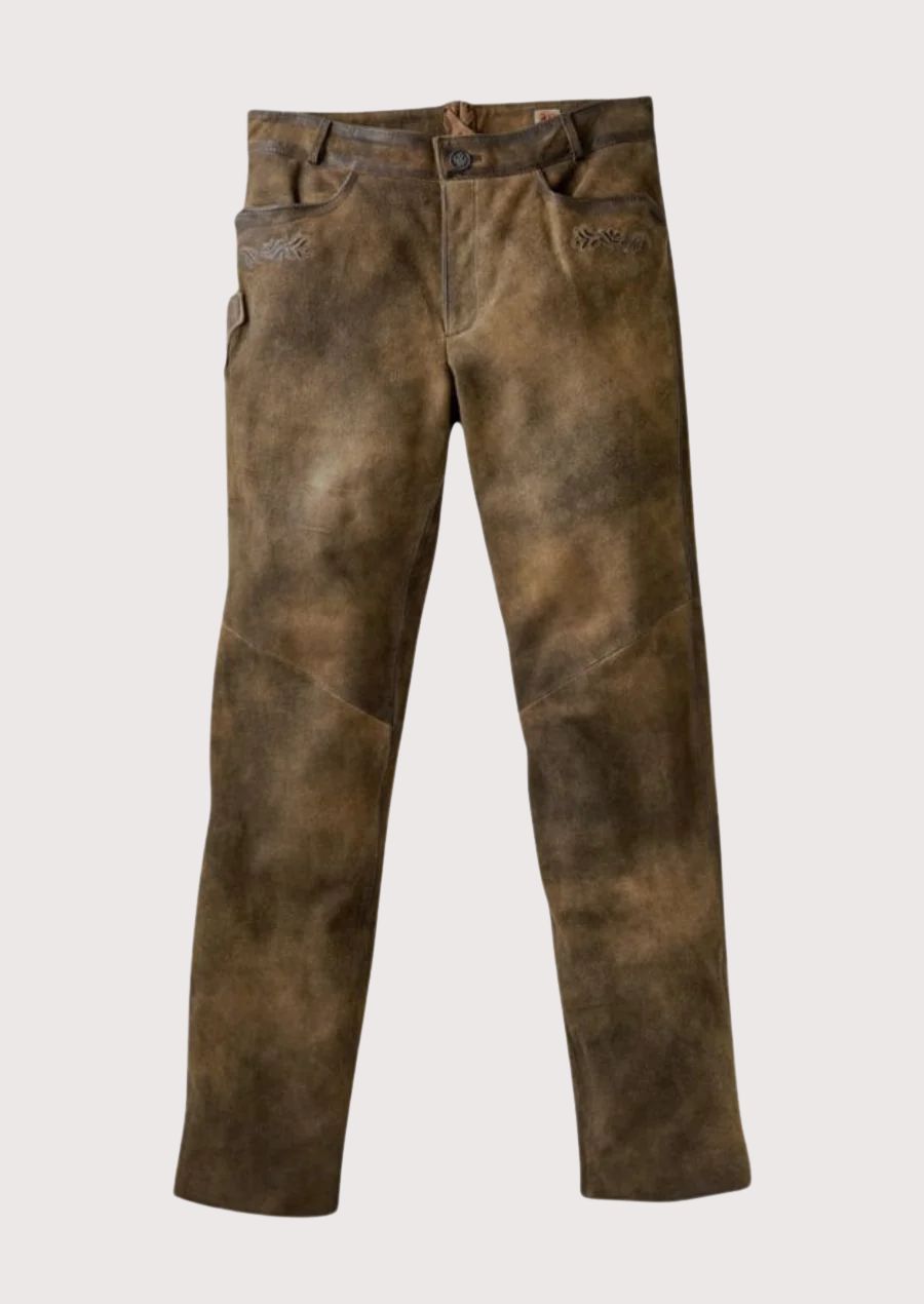 Men's Long Lederhosen Brown Leather Crest with slim fit silhouette, traditional Bavarian craftsmanship, authentic Alpine heritage styling, and Oktoberfest fashion