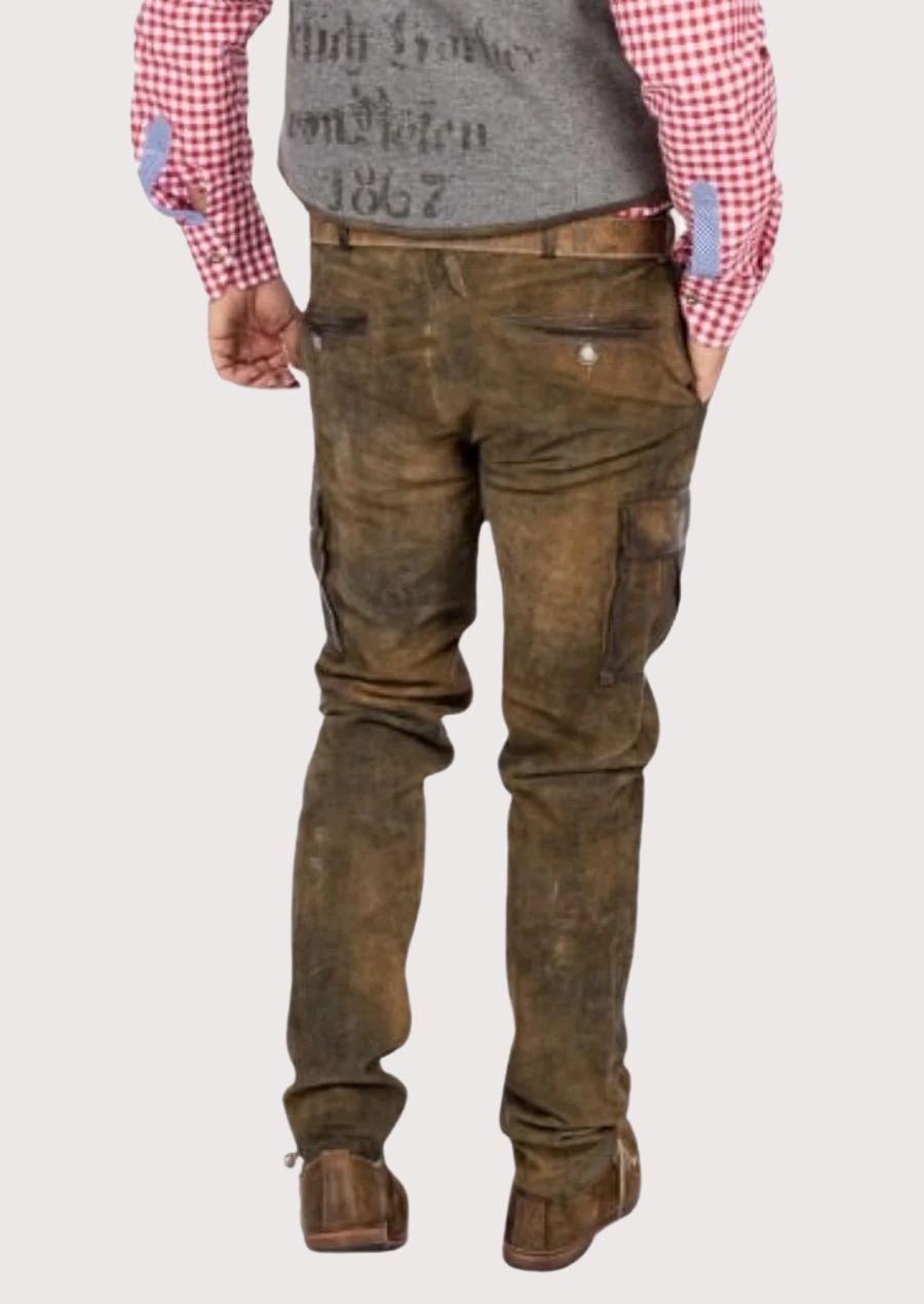 Men's Alpine cargo leather pants in brown featuring a slim fit, vintage finish, and functional utility pocket