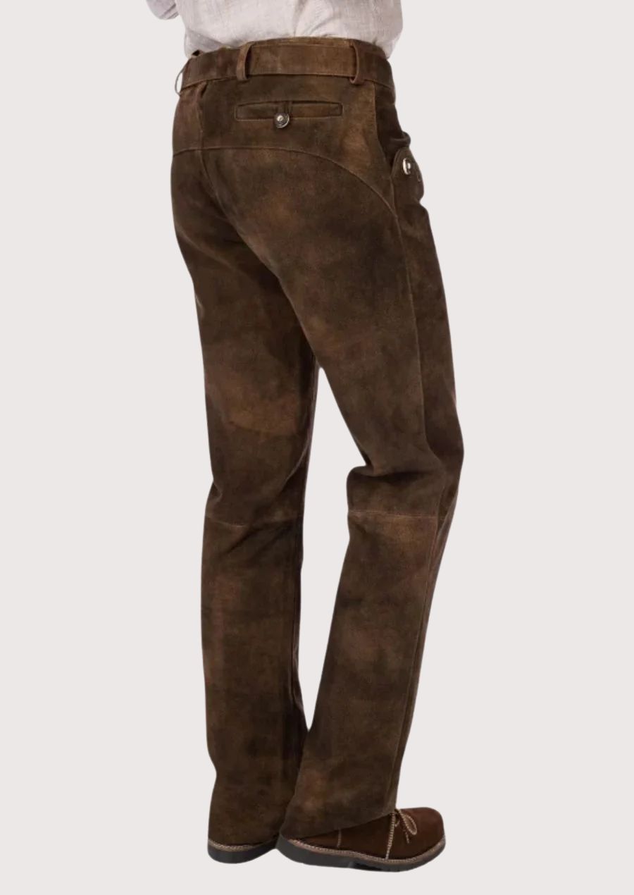 Men's Alpine leather pants with classic heritage styling, durable suede construction, and traditional German craftsmanship
