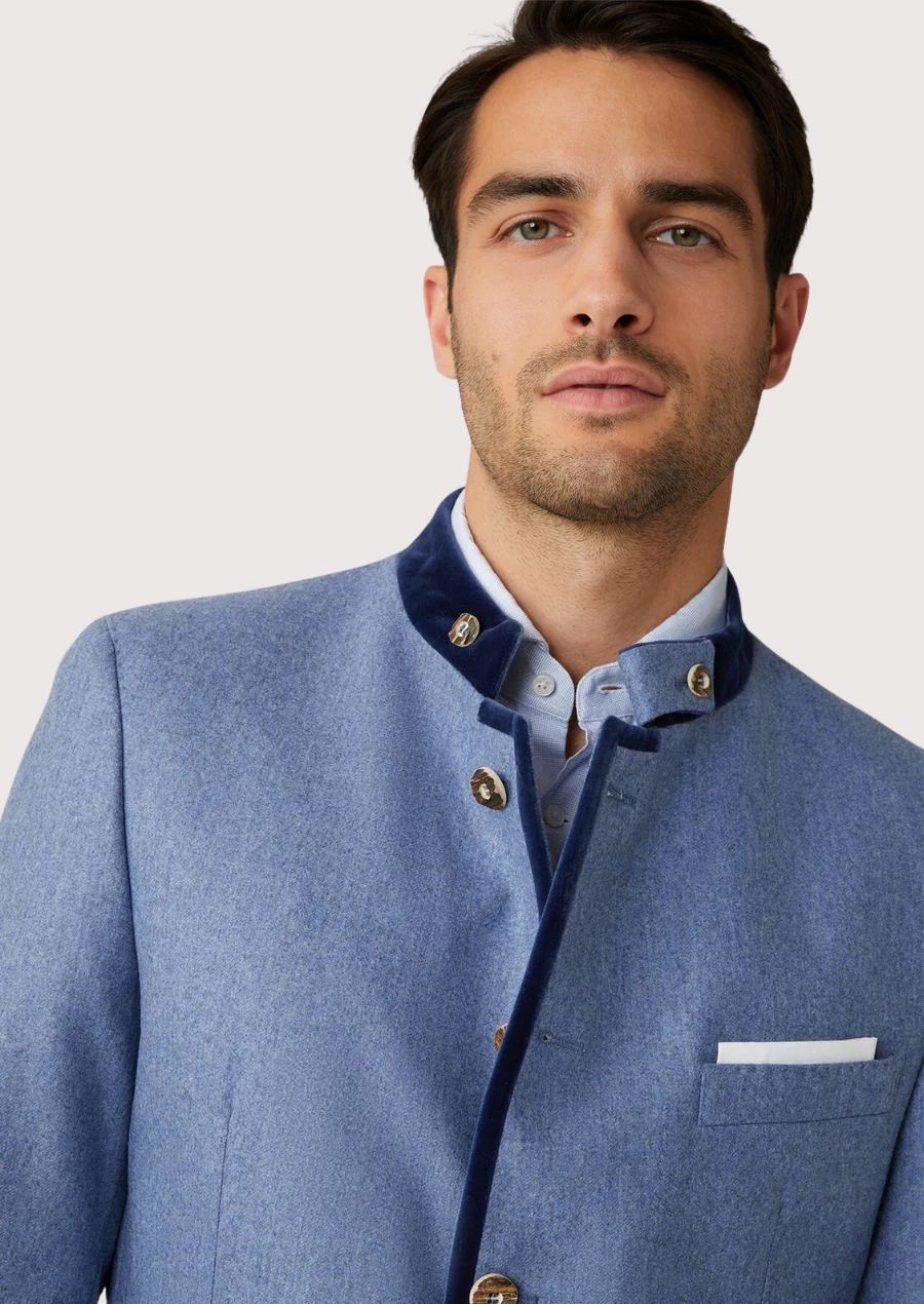 Sophisticated men's Bavarian blazer in premium wool with gold-toned buttons and velvet collar, perfect for fall festivals.

