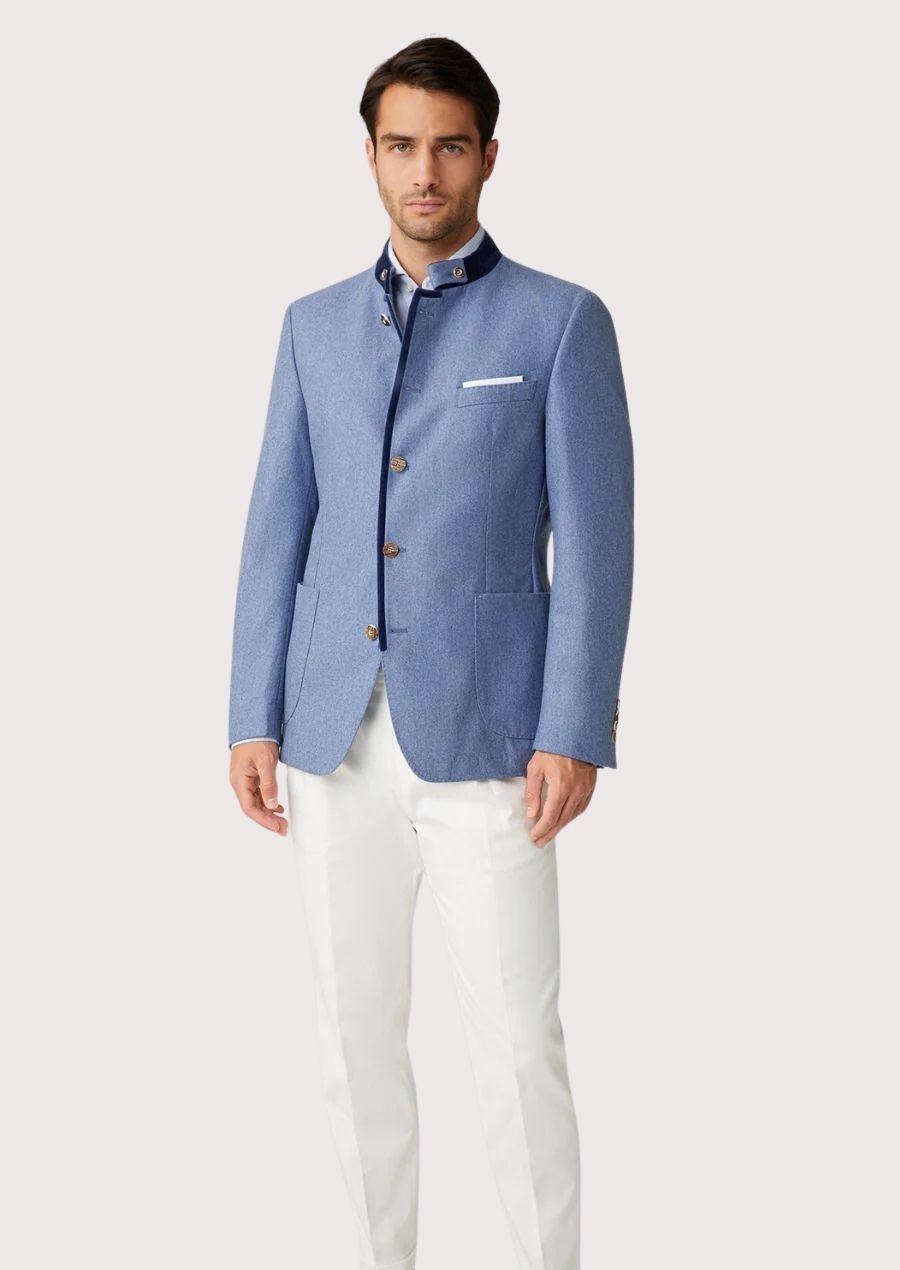 Men's Bavarian Blazer in Festive Blue with velvet collar and gold-tone buttons, perfect for Oktoberfest and cultural celebrations.

