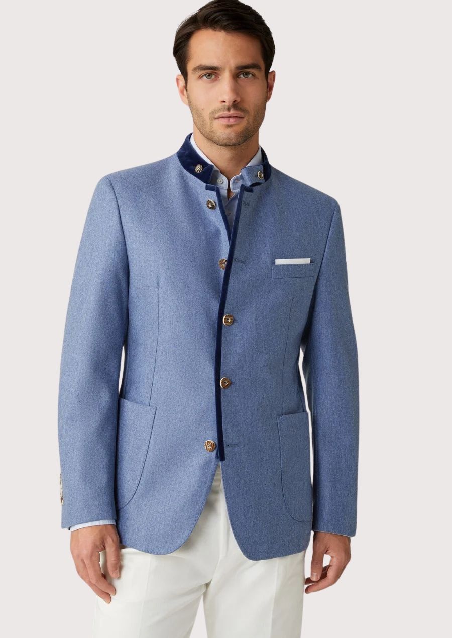 Men's Bavarian Blazer in Festive Blue with velvet collar and gold-tone buttons, perfect for Oktoberfest and cultural celebrations.

