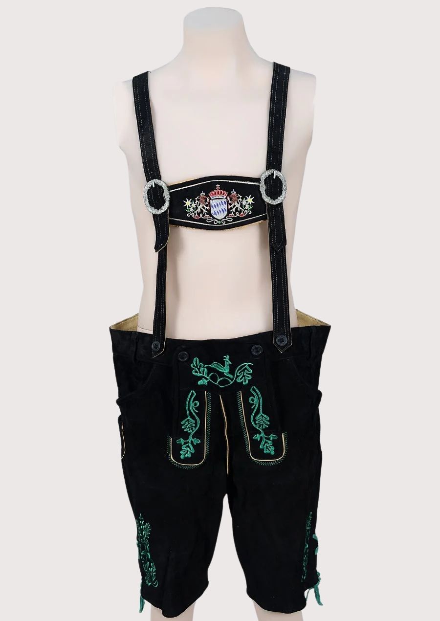 Men’s Bavarian Lederhosen with intricate green embroidery

