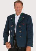 Men’s navy Bavarian jacket with green trim, embroidered accents, gold buttons, and classic alpine heritage design.