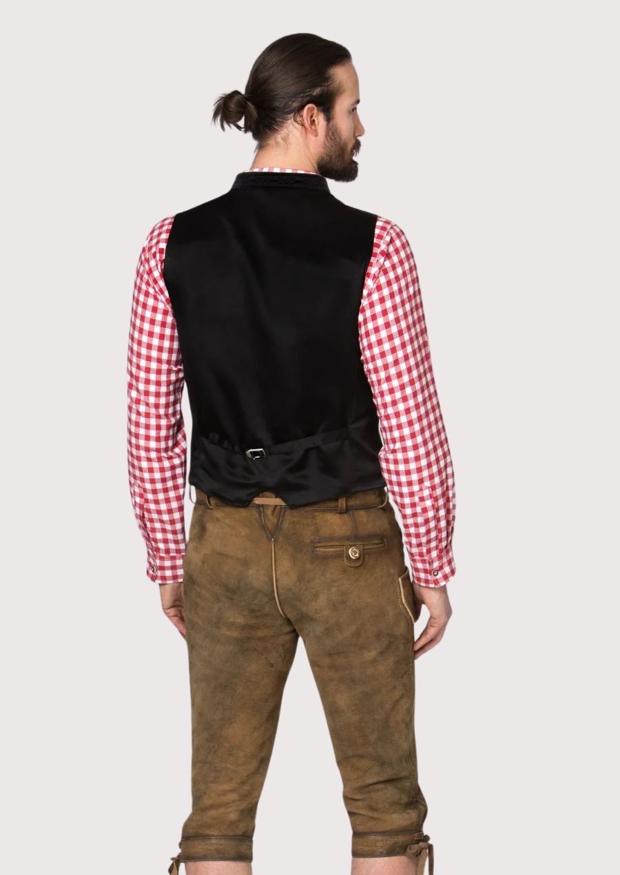 Traditional Bavarian velvet vest for men with embroidered detailing and wooden buttons, ideal for cultural gatherings.

