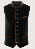 Stylish Bavarian vest in black velvet with wooden buttons and embroidered details, ideal for festive celebrations.

