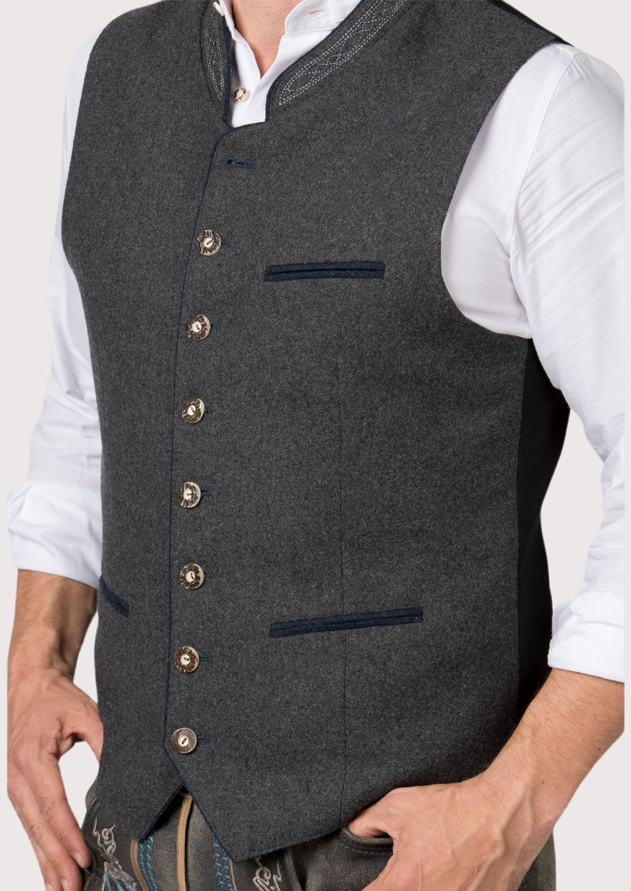 Men’s Bavarian Vest in grey with embroidered details and wooden buttons, perfect for Oktoberfest and cultural events.

