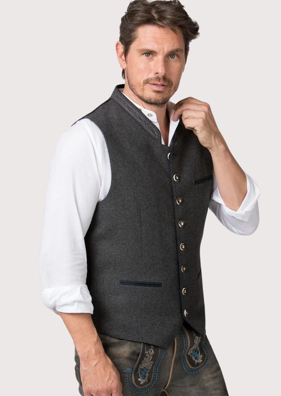 Men’s Bavarian Vest in grey with embroidered details and wooden buttons, perfect for Oktoberfest and cultural events.

