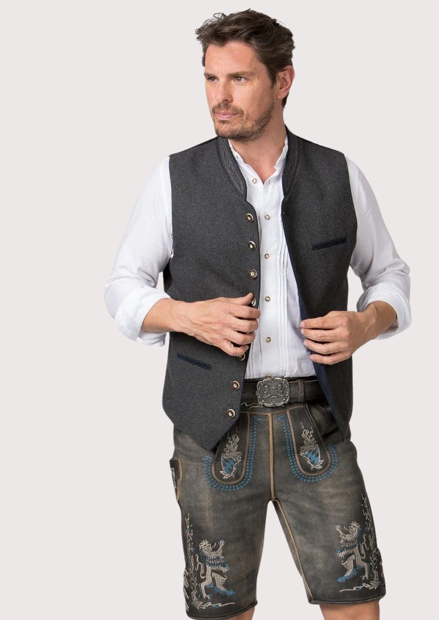 Men’s grey Bavarian vest with wooden button accents and intricate embroidery, perfect for festive occasions.

