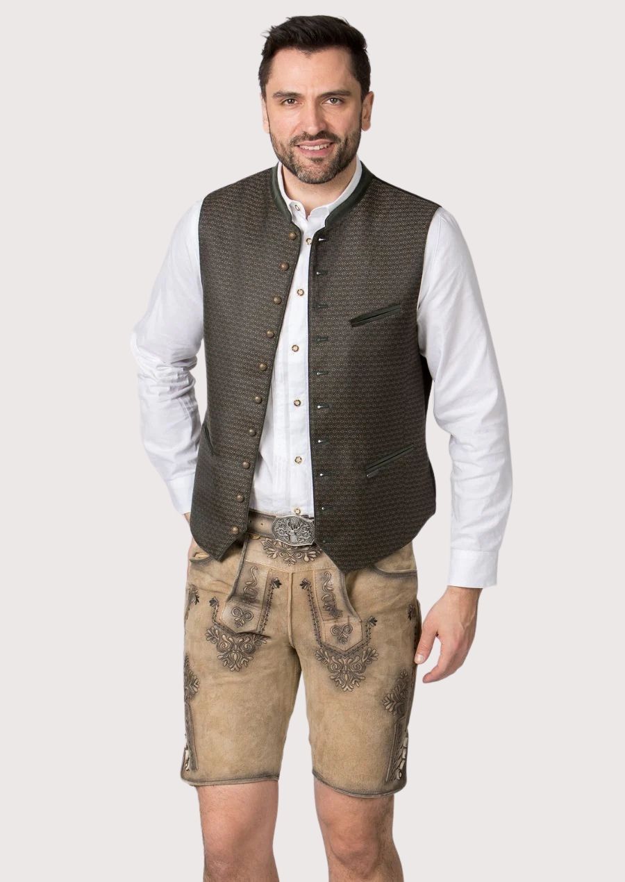 Beige lederhosen shorts with traditional Alpine embroidery and authentic Bavarian craftsmanship